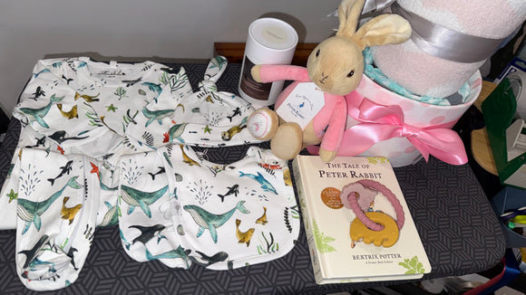 Winter Baby Girl Flopsy Bunny Nappy Cake Hamper