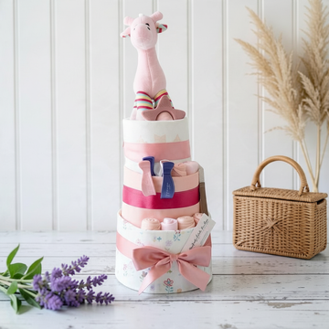 Georgia Giraffe Girls Premium Nappy Cake - 3 tier pink nappy cake with pink giraffe - Perfect Little Bundles