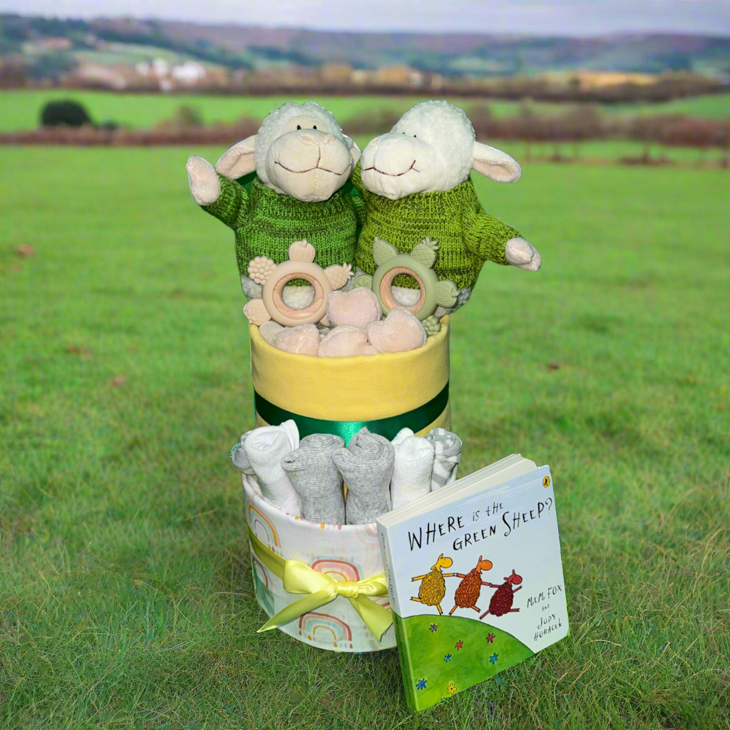 Twin babies Green Sheep Deluxe Nappy Cake