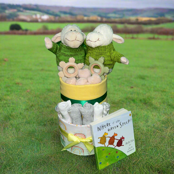 Twin babies Green Sheep Deluxe Nappy Cake