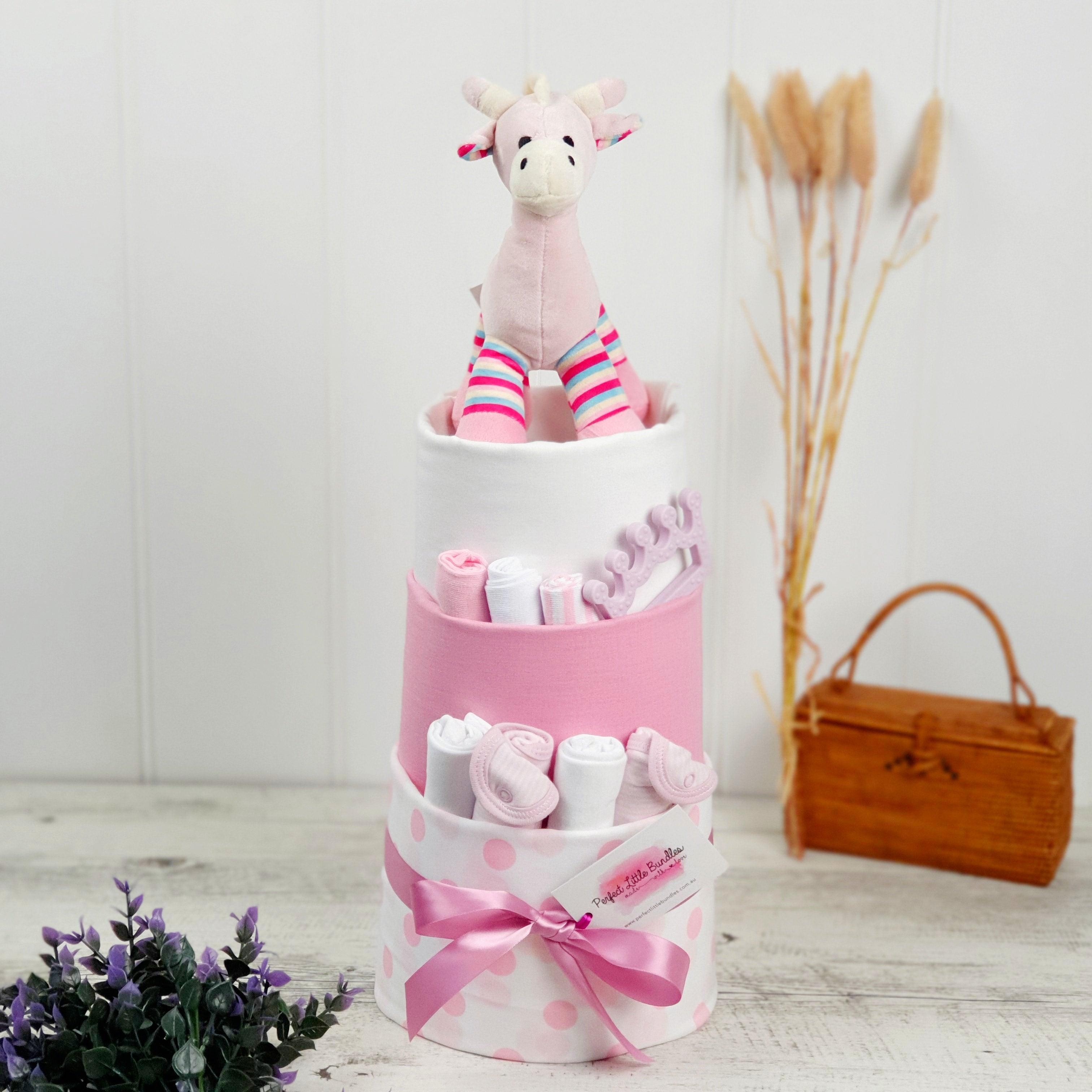 Georgia Giraffe Baby Girl Luxe Nappy Cake - Perfect Little Bundles