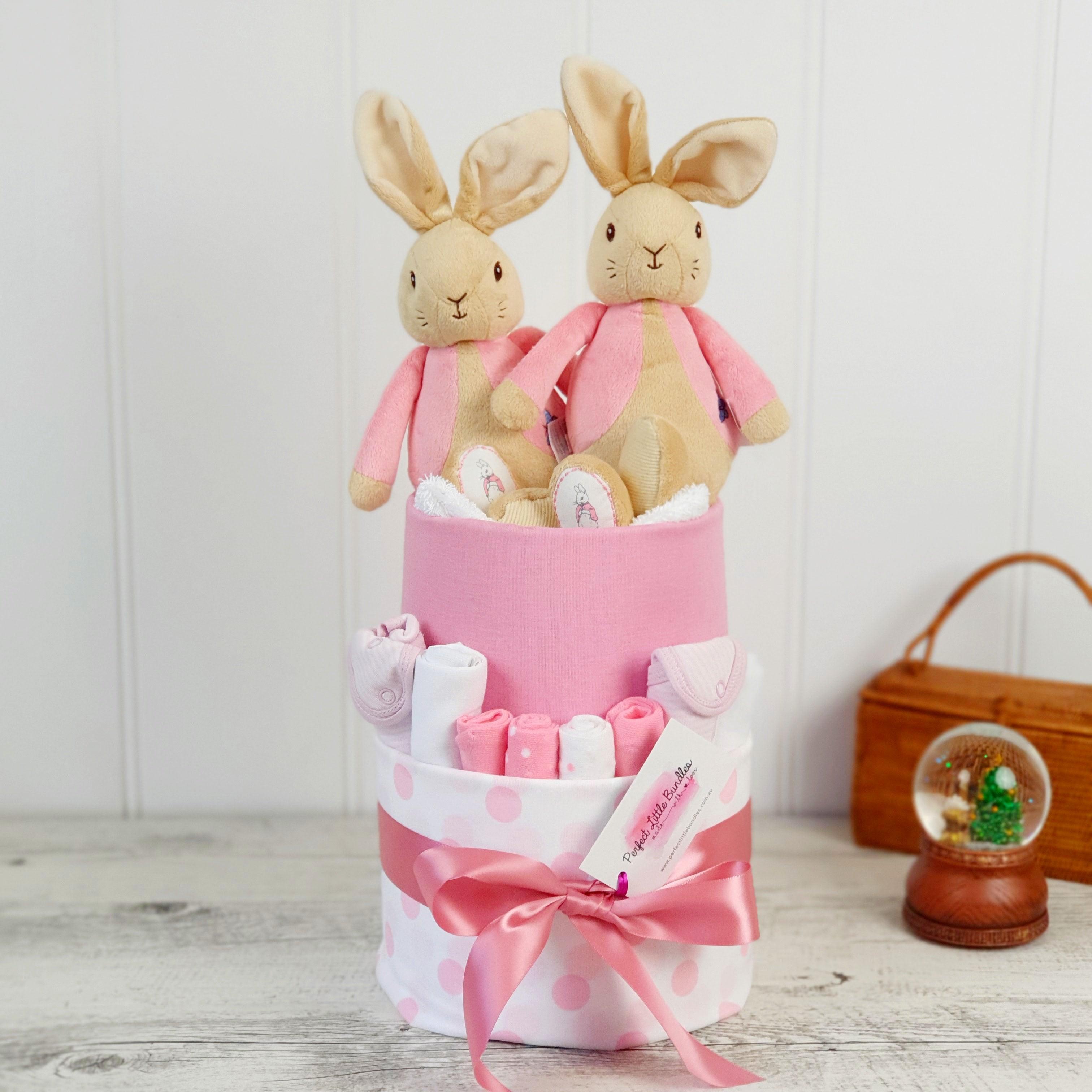 My First Flopsy Bunny Twin Girls Premium Nappy Cake - Perfect Little Bundles
