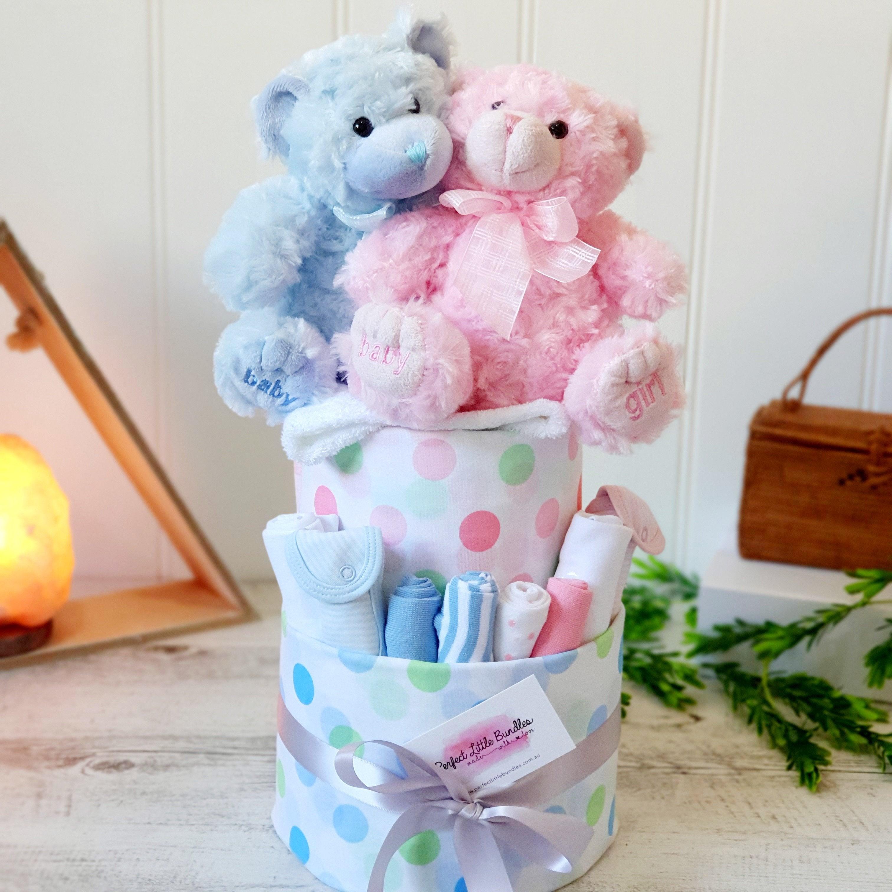 One of Each Twin Girl and Boy Premium Nappy Cake - Perfect Little Bundles