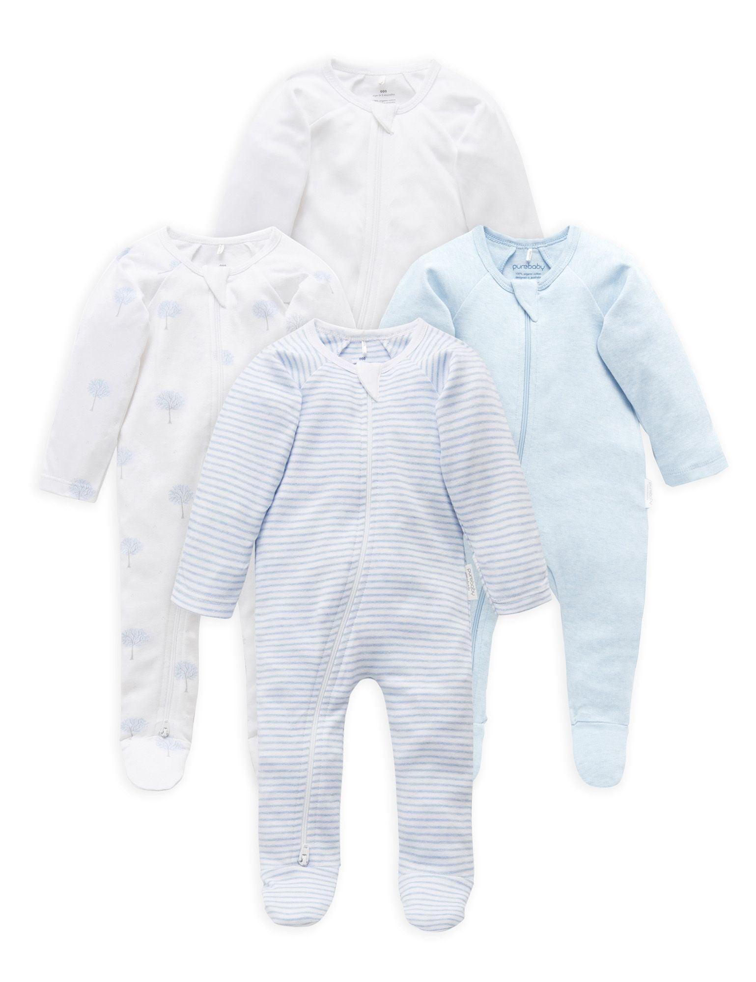 Pure Baby Organic Blue Zip Growsuit Mixed 4 Pack - Perfect Little Bundles
